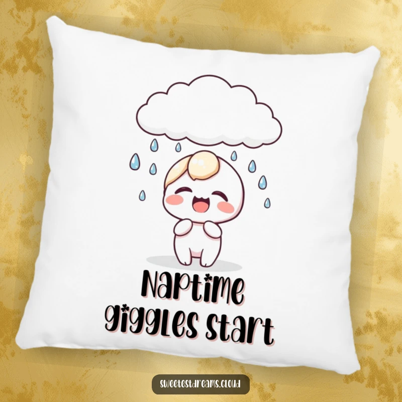 Funny kawaii character pillow showing a cute character giggling as sparkling dewdrops fall from a cloud, perfect for comfort.