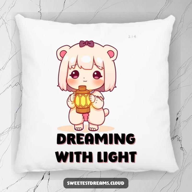 Funny kawaii character pillow showing a cute character holding a miniature glowing lantern, perfect for cozy nights.