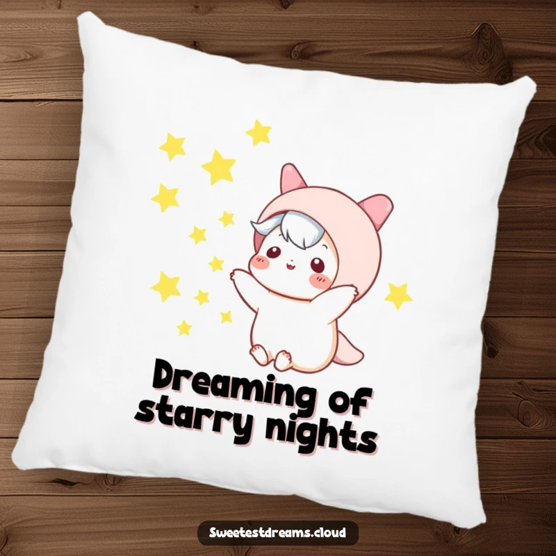 Funny kawaii character pillow, playfully tossing stars into the night, soft and humorous home decor.