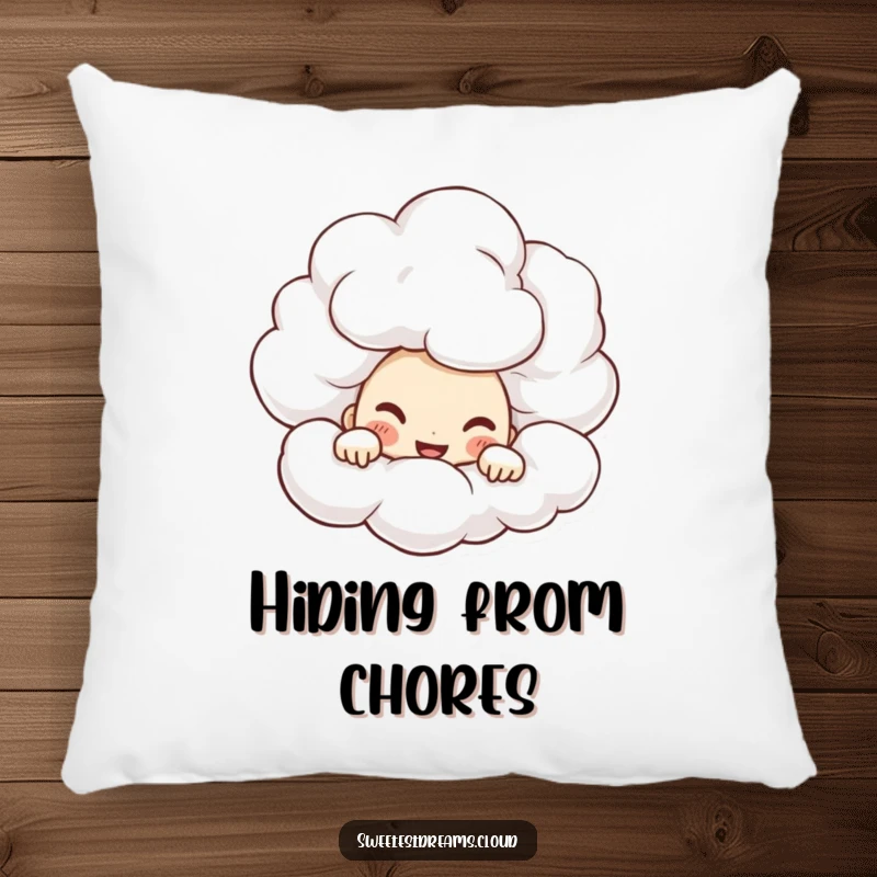 Funny Pillow with a character peeking from behind a cloud, wearing a mischievous grin, offering comfort and charm.