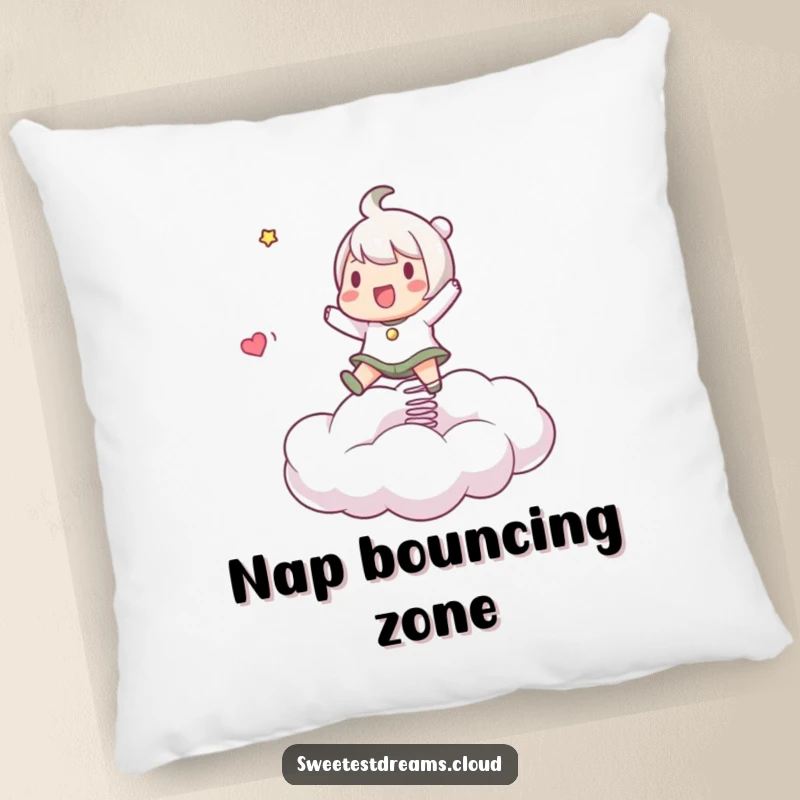 Funny Pillow with a character joyfully bouncing on a springy cloud, offering comfort and a playful vibe.