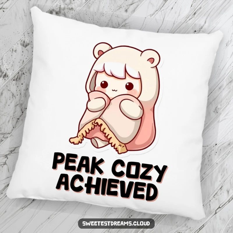 Funny kawaii character pillow featuring a cute character hugging a warm blanket, looking perfectly cozy and ready for snuggles.