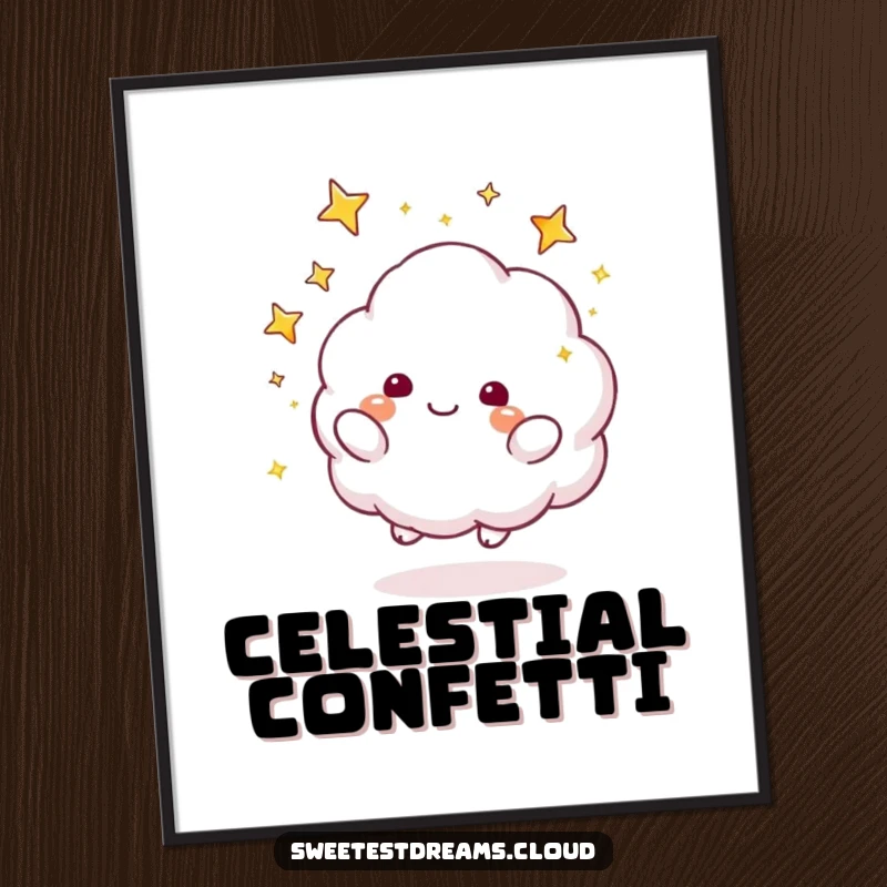 Funny Digital Art Print of a fluffy cloud character playfully tossing sparkly stars, perfect for creating a magical atmosphere.