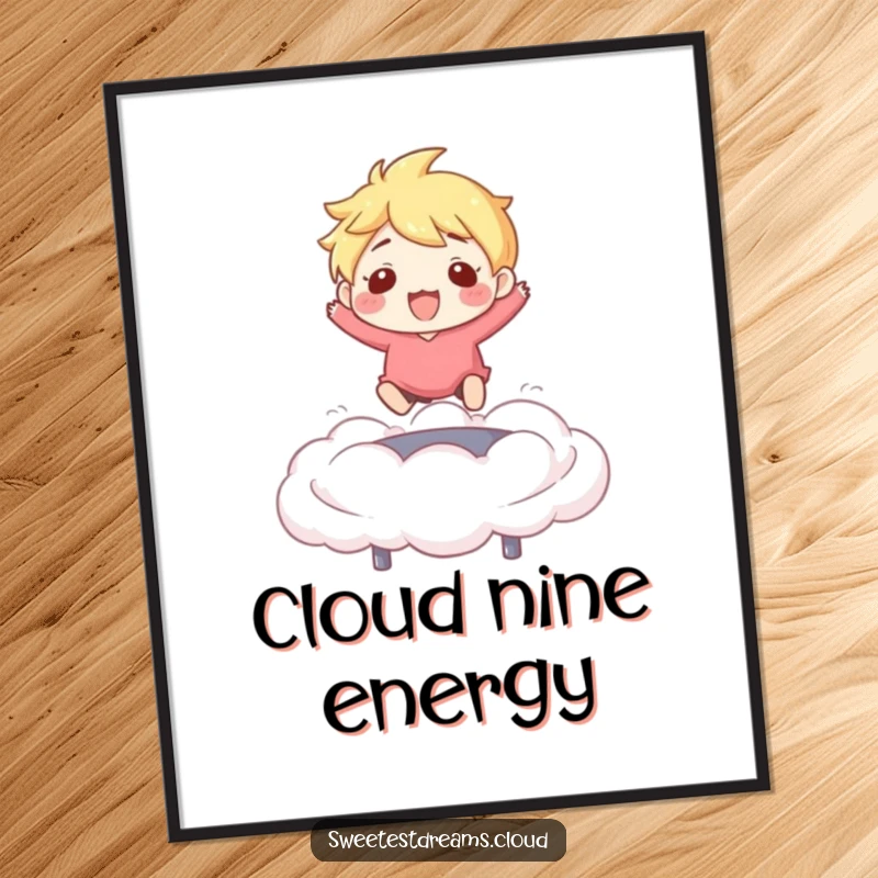 Funny Digital Art Print: Character joyfully bouncing on a cloud trampoline, radiating pure fun, ready to frame.