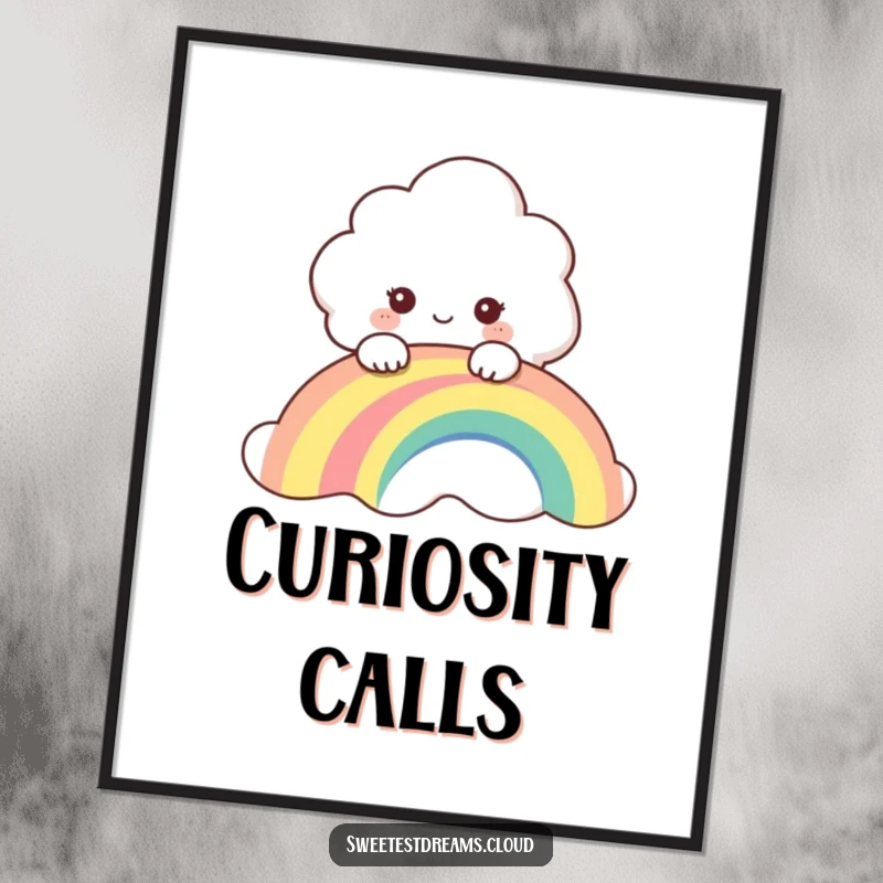 Funny digital art print of a curious cloud character peeking over a rainbow, perfect for adding a whimsical touch to decor.