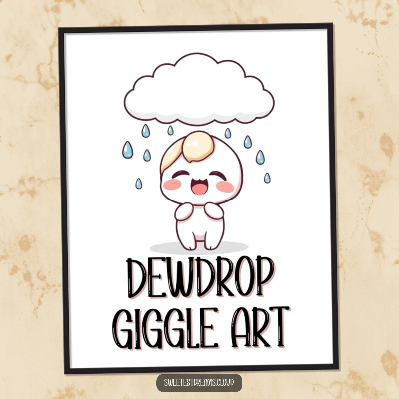 Funny kawaii character digital art showing a cute character giggling gleefully as sparkling dewdrops fall from a whimsical cloud.