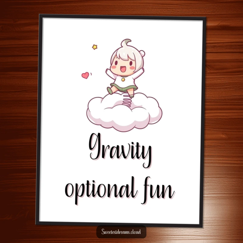 Funny Digital Art Print of a character energetically bouncing on a springy cloud, perfect for instant playful decor.