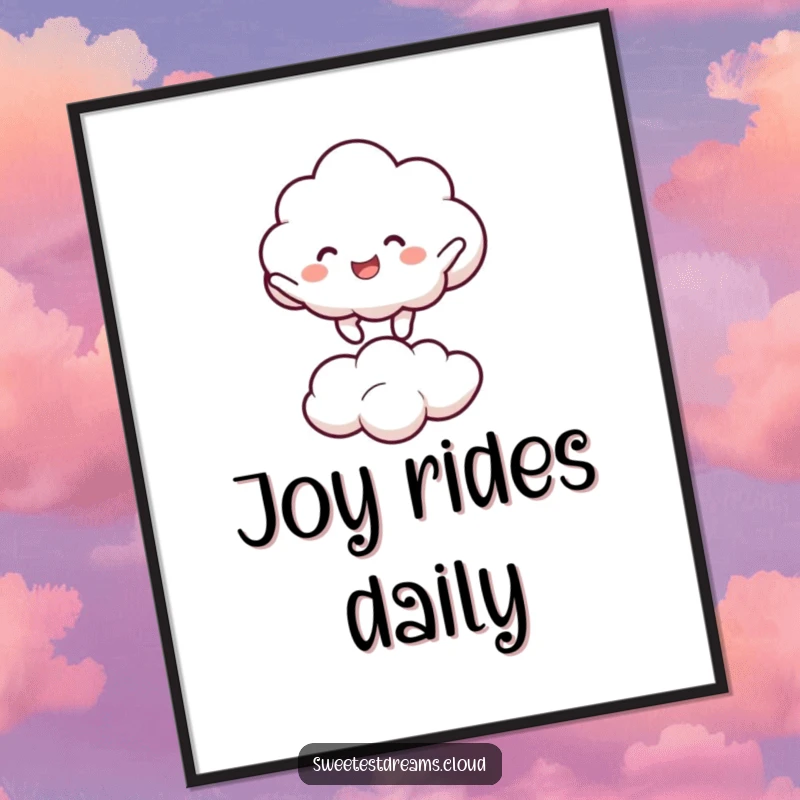 Funny cloud character joyfully bouncing on a smaller cloud. Humorous digital art print.