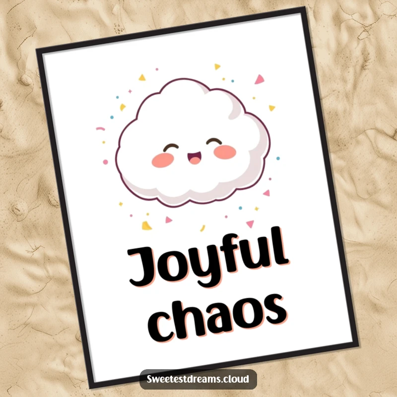 Funny digital art print of a giggling cloud character gleefully tossing confetti, perfect for instant festive decor.