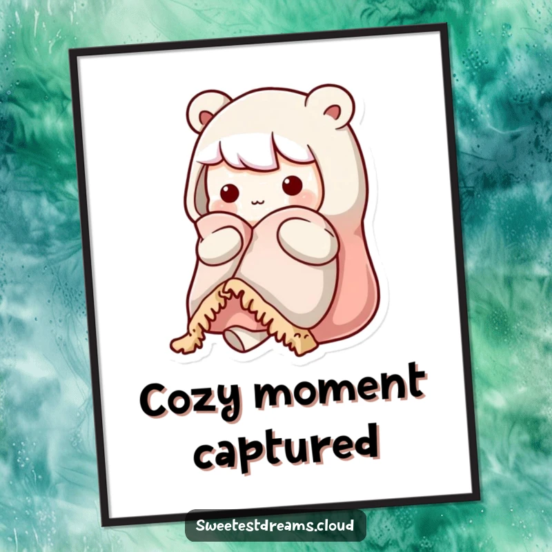 Funny kawaii character digital art showing a cute character wrapped in a warm blanket, looking incredibly cozy and content.
