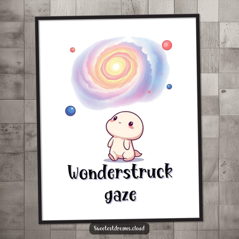 Funny kawaii character looking up with wonder at a swirling nebula, high-resolution digital art. This print is a humorous cosmic gift.