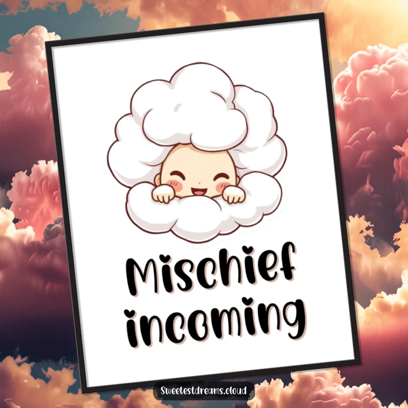 Funny Digital Art Print of a character peeking from a cloud with a mischievous grin, perfect for instant playful decor.