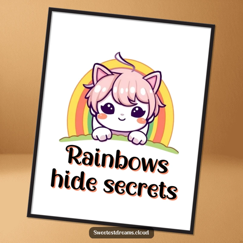 Funny digital art print of a character peeking from behind a vibrant rainbow with a mischievous grin, perfect for playful decor.