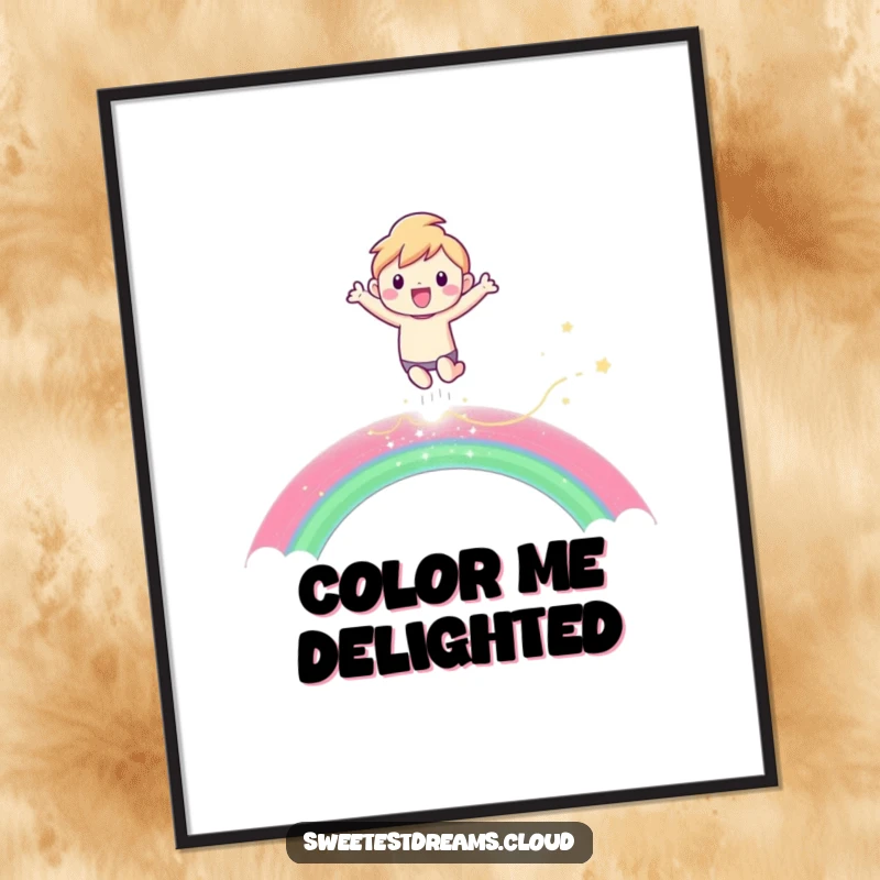 Funny Digital Art Print of a character joyfully leaping over a shimmering rainbow, perfect for instant vibrant decor.