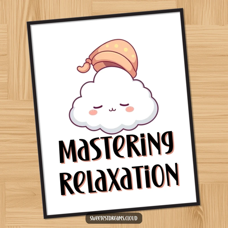 Funny cloud character digital art print wearing a tiny sleeping cap, floating gently. Instant, humorous wall decor promoting serenity and tranquil slumber.