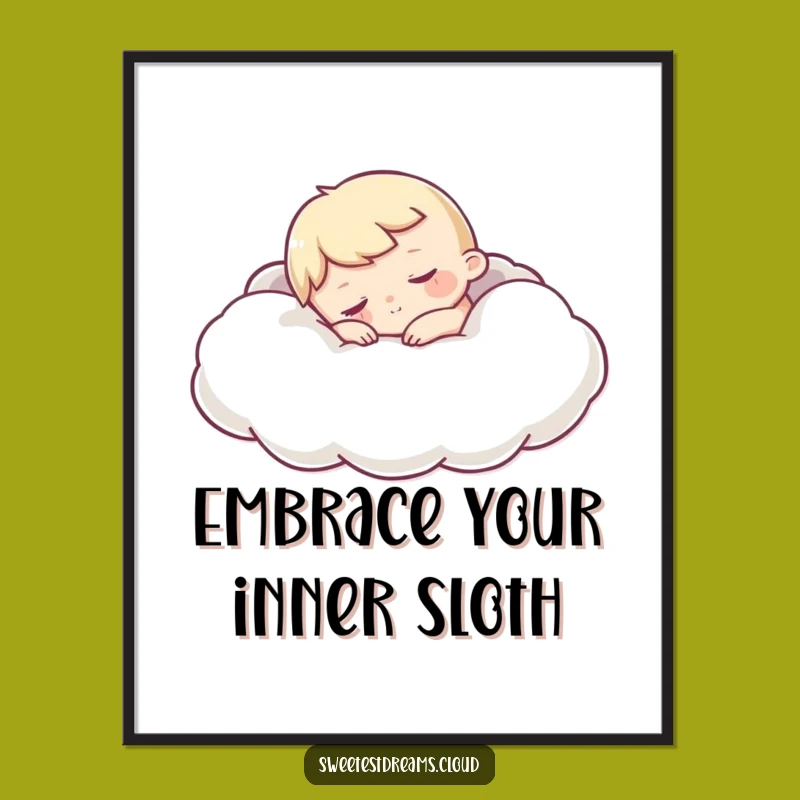 Funny Sleepy Character Digital Art: Cloud Nap Print, Cozy Decor