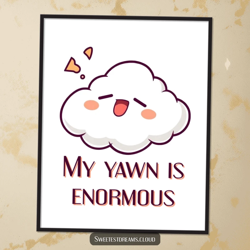 Funny cloud character yawning widely with a sleepy grin, rendered as a high-resolution, humorous digital art print.