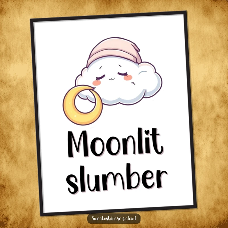 Funny Digital Art Print of a sleepy cloud wearing a cap, nuzzling a crescent moon, perfect for creating a serene atmosphere.