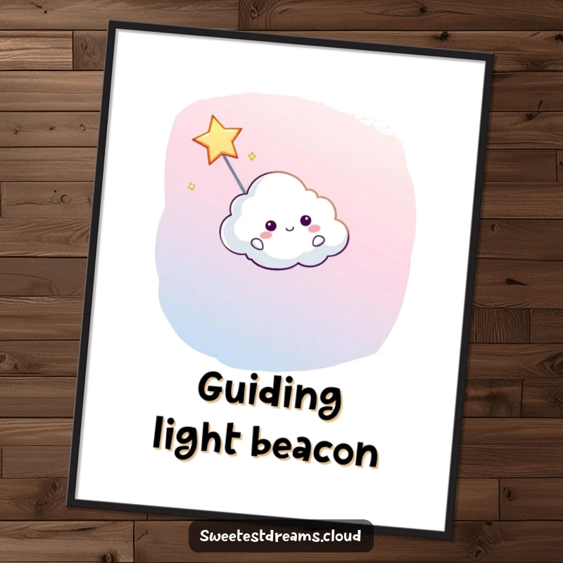 Funny digital art print of a cloud character leading a shooting star, perfect wall art.