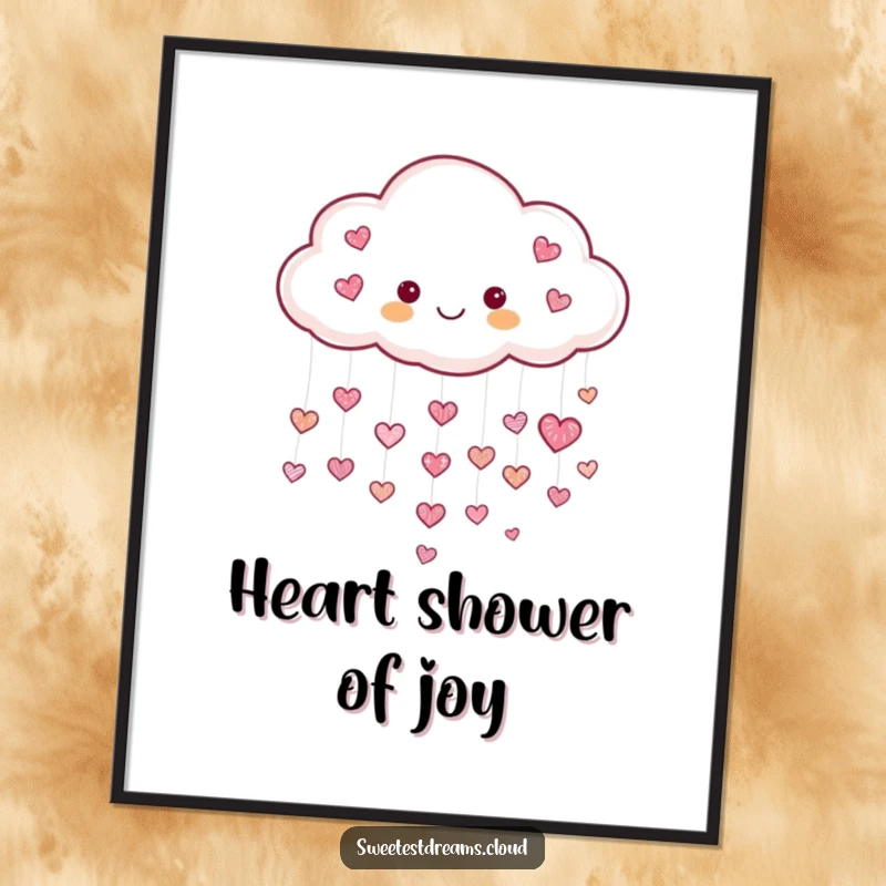 Funny Heart Cloud Digital Art Print showing a cheerful cloud raining tiny shimmering hearts, ideal for creating a loving and humorous atmosphere.