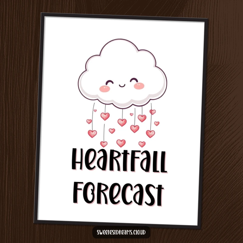 Funny digital art print of a cute cloud character playfully raining tiny, shimmering hearts, ready to download.
