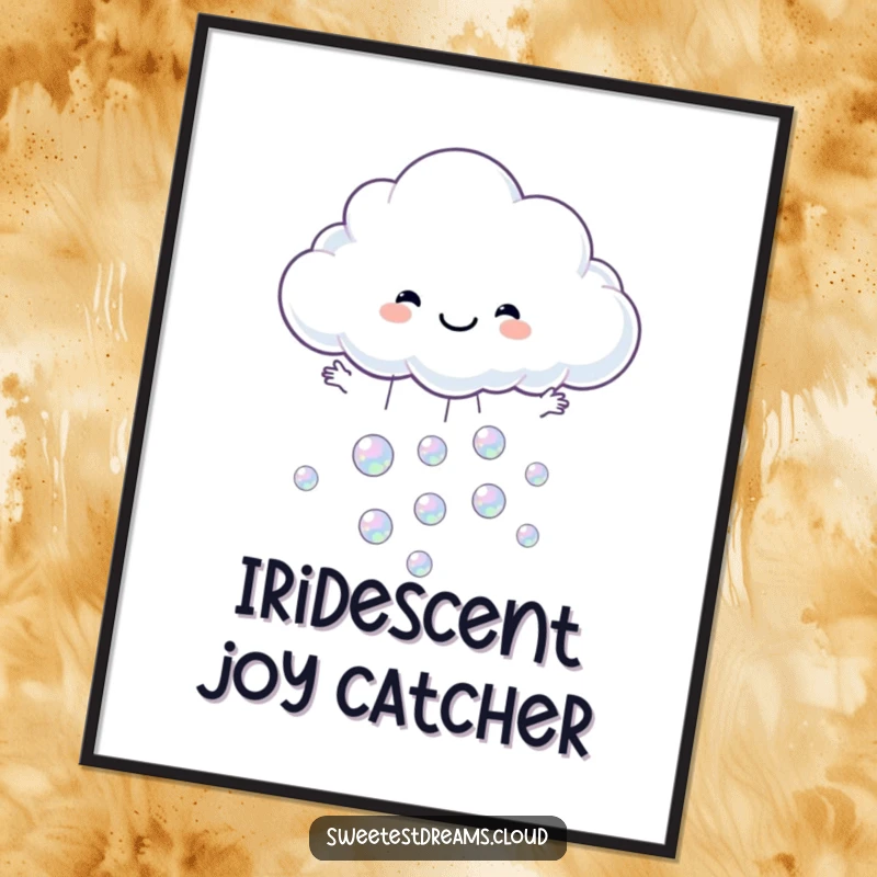Funny digital art print of a cloud character catching iridescent bubbles, adding whimsy to decor.