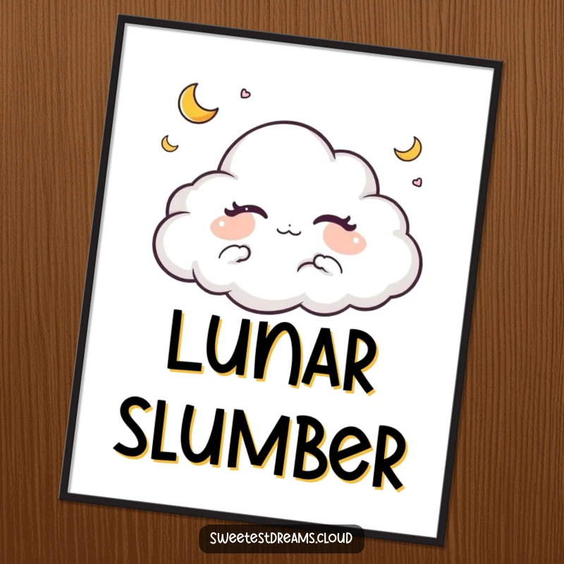 Funny digital art print of a cloud character dreaming peacefully with closed eyes and tiny crescent moons, for serene wall decor.