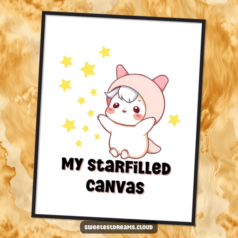 Funny kawaii character digital art print, playfully tossing sparkling stars into the night sky, instant humorous decor.