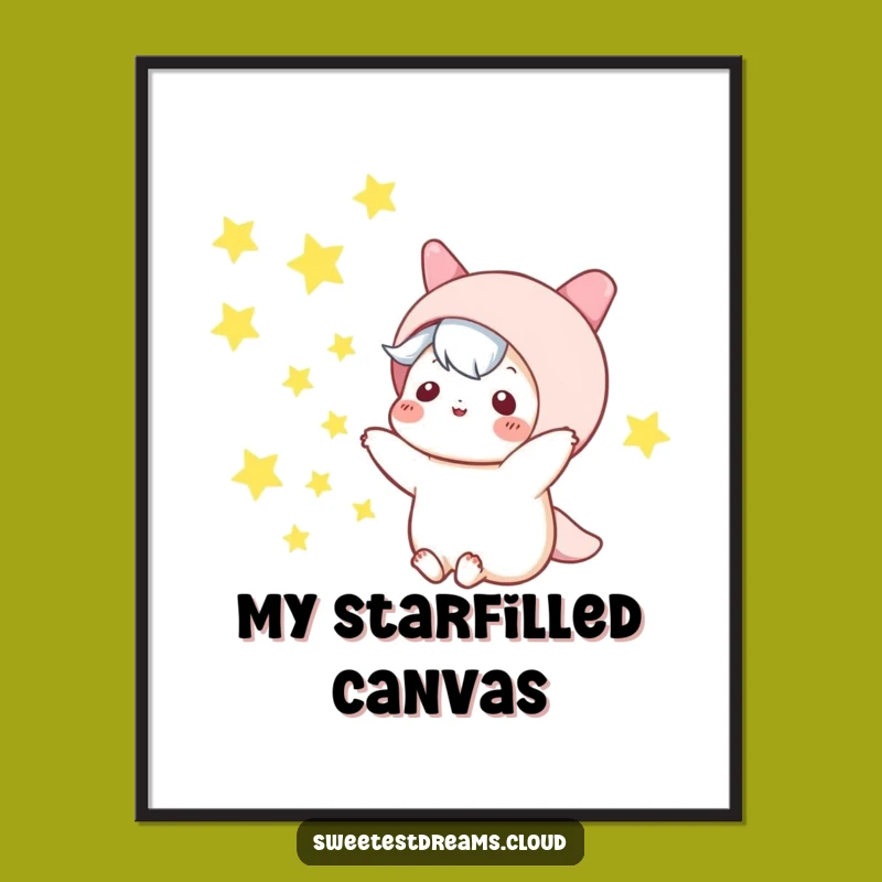 Funny Kawaii Star Toss Digital Art: Night Sky Character Print for Walls
