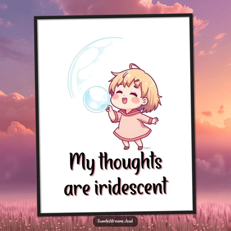 Funny digital art print of a character joyfully blowing a giant bubble that reflects colorful dreams and aspirations.