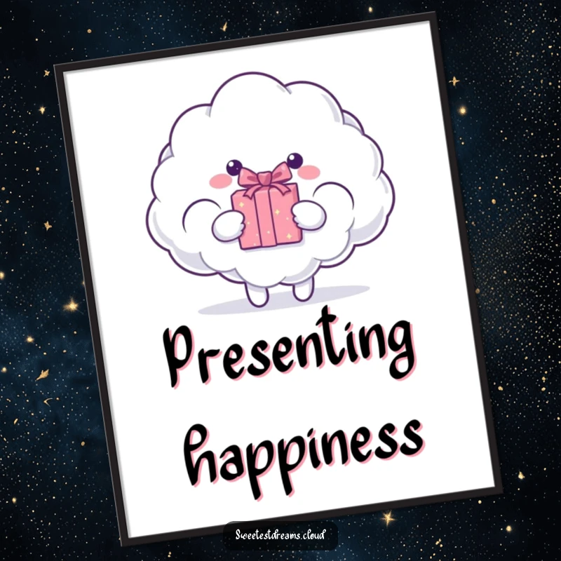 Funny cloud character presenting a sparkling gift box. Humorous digital art print.