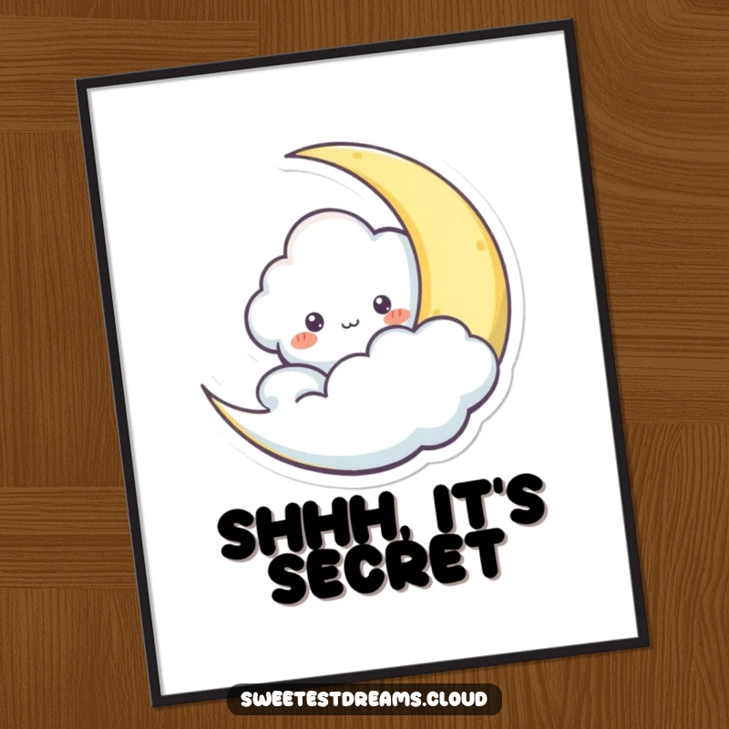Funny digital art print of a cloud character playfully peeking from behind a crescent moon, creating a whimsical scene.
