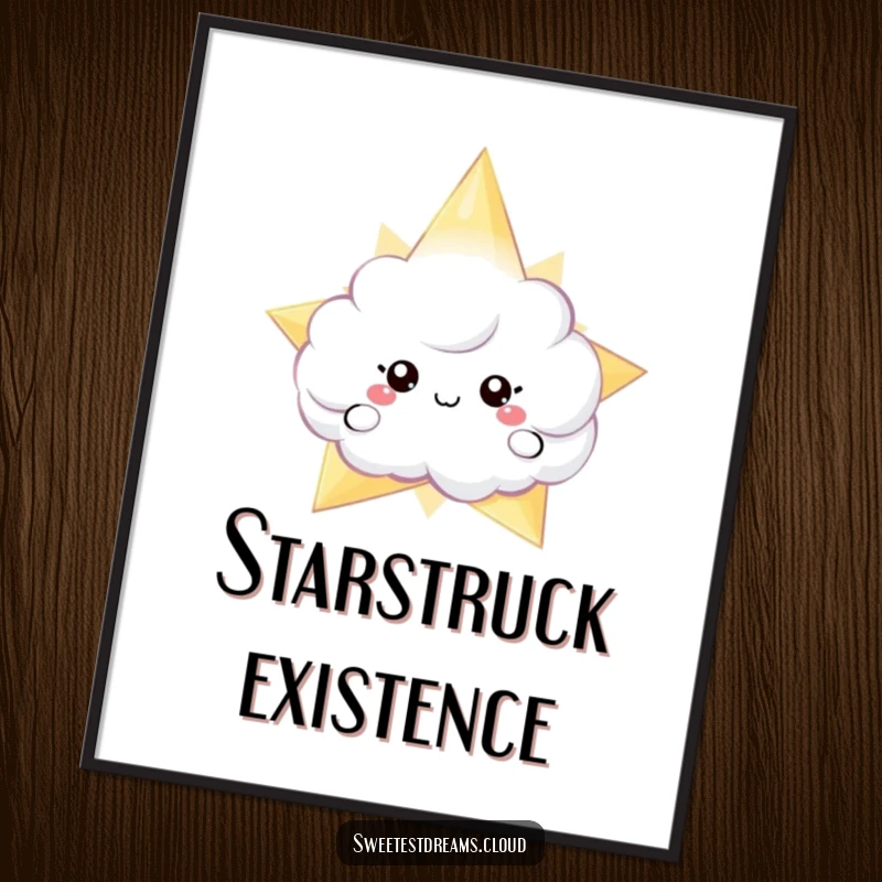 Funny digital art print of a cloud character peeking from behind a shimmering star, perfect for enchanting wall decor.