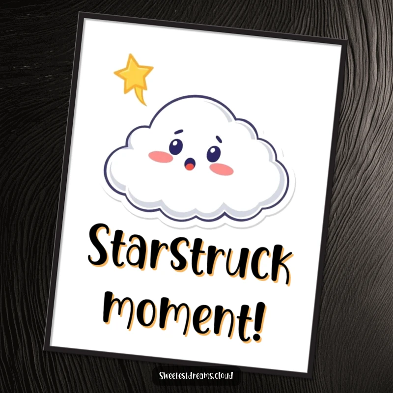 Funny cloud digital art print of a surprised cloud character gazing at a shooting star, perfect for instant wall decor.