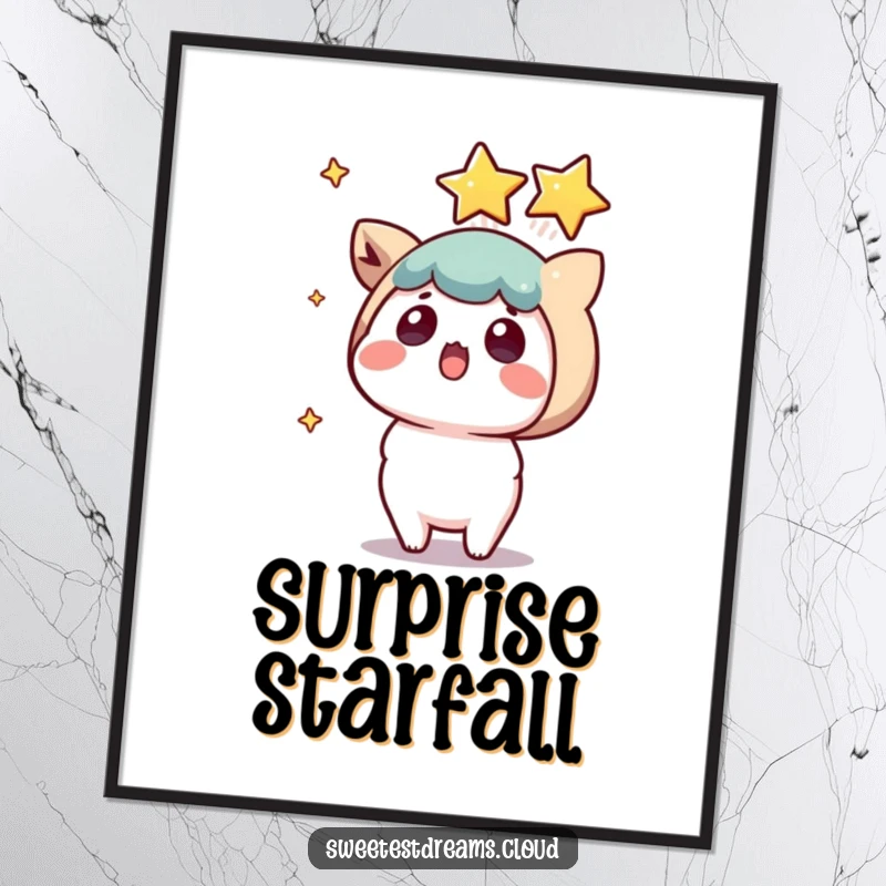Funny kawaii character digital art print, surprised expression, a shooting star landing, instant humorous decor.