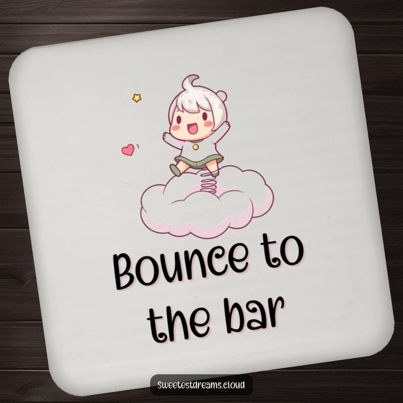 Funny Drink Coaster featuring a character joyfully bouncing on a springy cloud, protecting surfaces with humor.