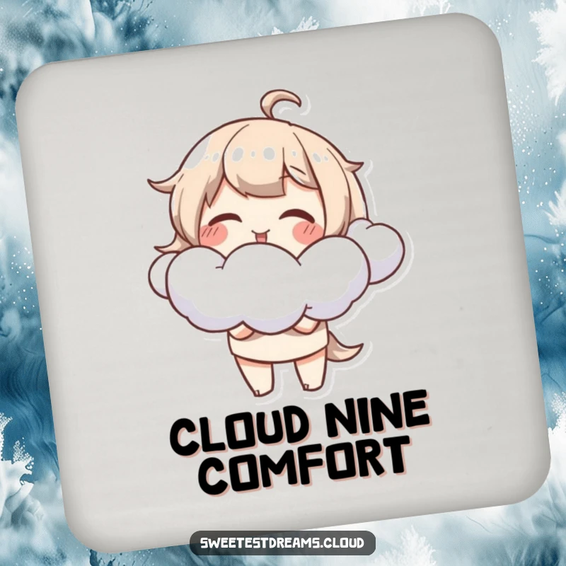 Funny Drink Coaster featuring a giggling character blowing soft, fluffy cloud shapes, protecting surfaces with humor.