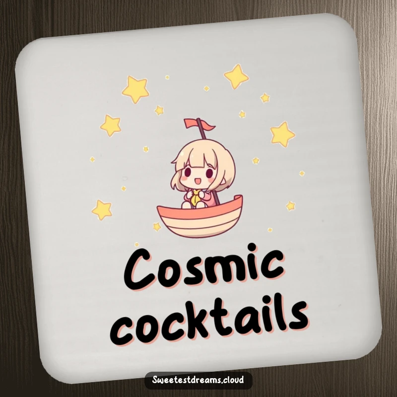 Funny coasters depicting a character sailing through a star-filled sky, adding a playful, celestial vibe.