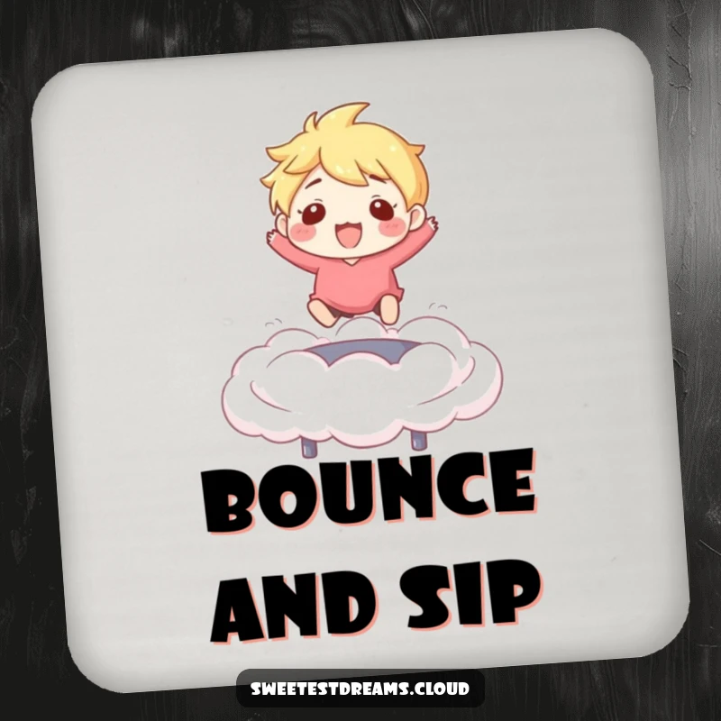 Funny Coaster: Character happily bouncing on a cloud, protecting surfaces with joy, a funny home accessory.