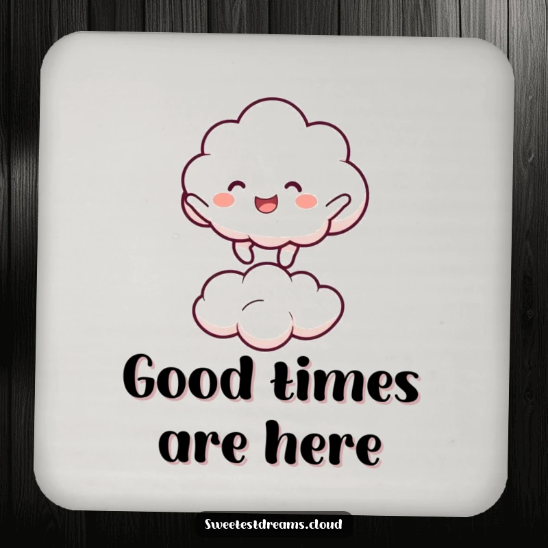 Funny cloud character joyfully bouncing on a smaller cloud. Humorous drink coaster.