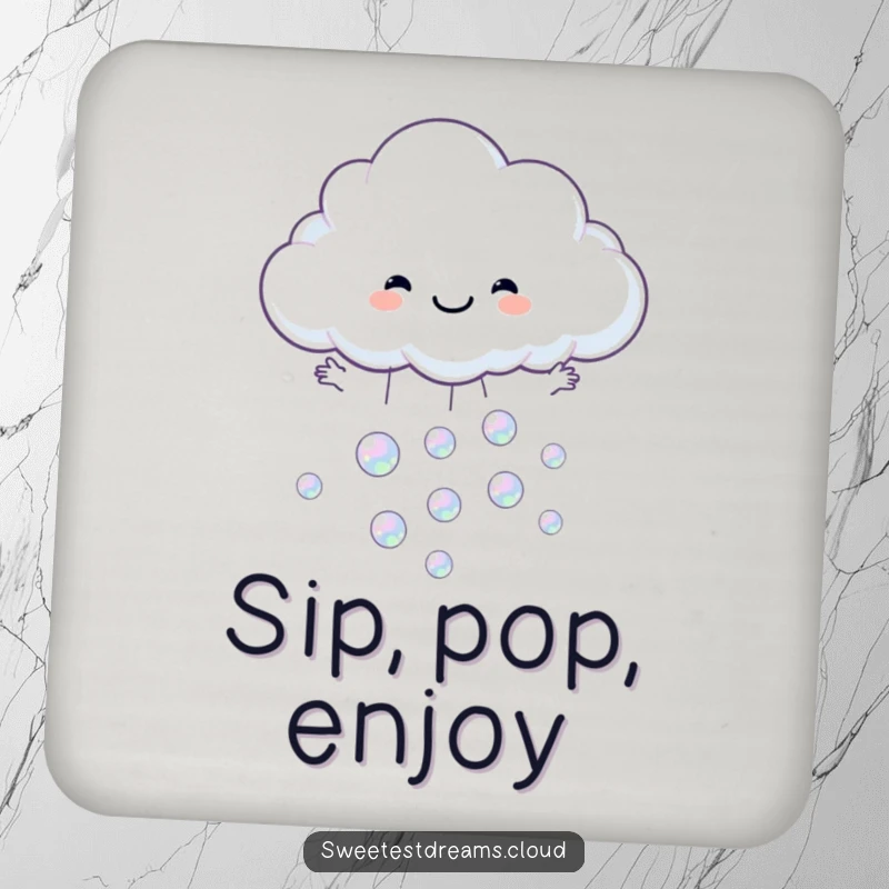 Funny coaster featuring a cloud character catching iridescent bubbles, protecting surfaces with whimsy.
