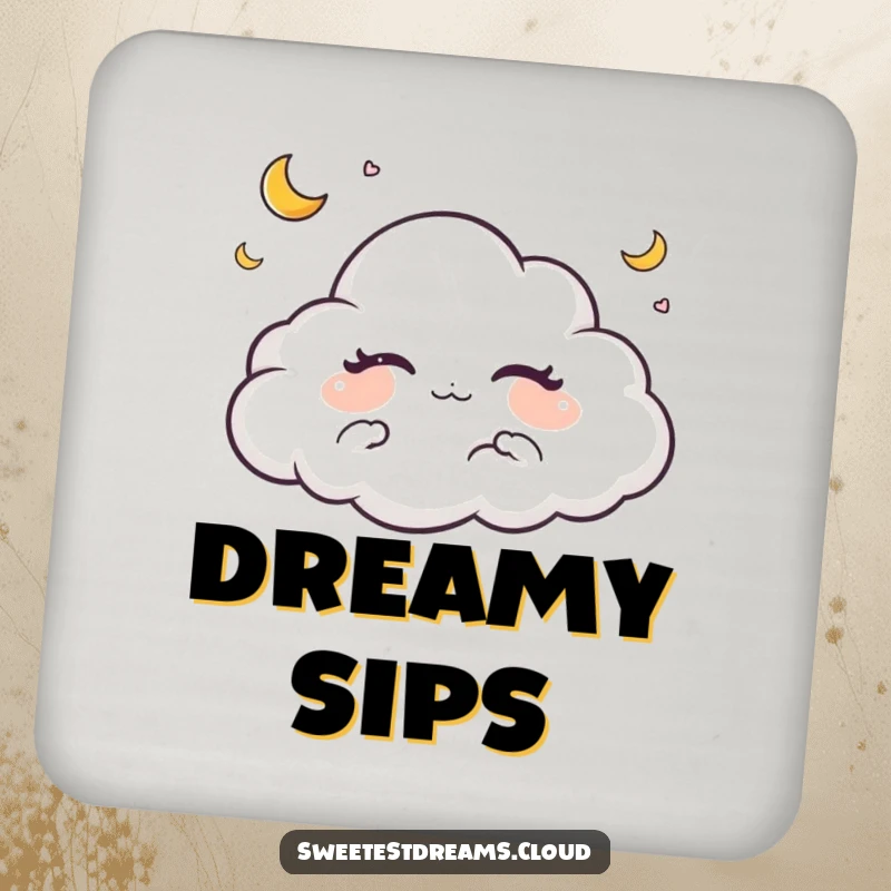 Funny drink coaster featuring a sleeping cloud character and crescent moons, adding a touch of serene elegance to tables.