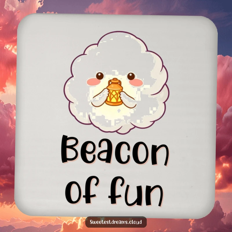Funny coaster with a cute cloud creature holding a tiny, glowing lantern, adding magic to any surface.
