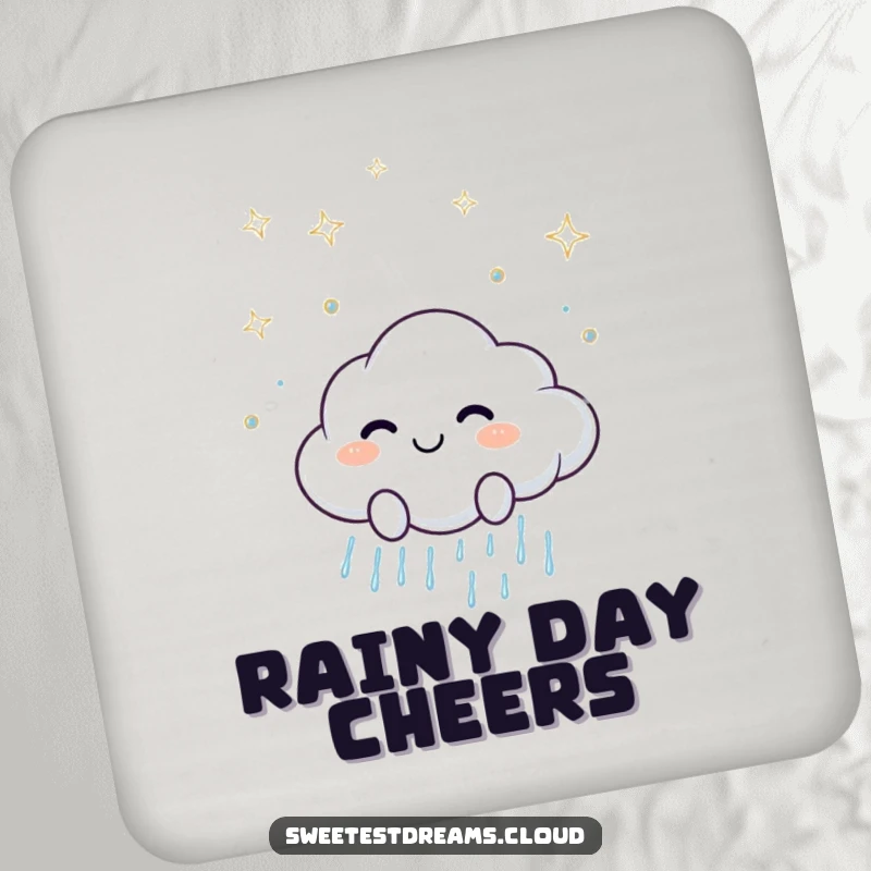 Funny drink coaster featuring a smiling cloud character scattering sparkling raindrops, adding a touch of cheerful elegance.