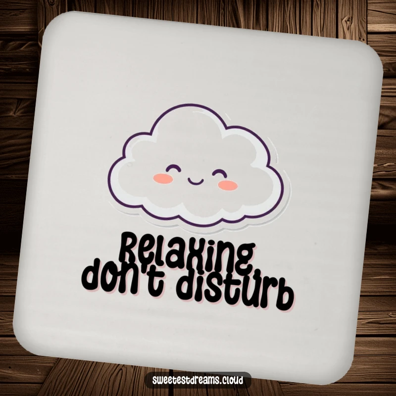 Funny drink coaster depicting a serene, happy cloud with closed eyes floating peacefully, adding a cheerful touch.