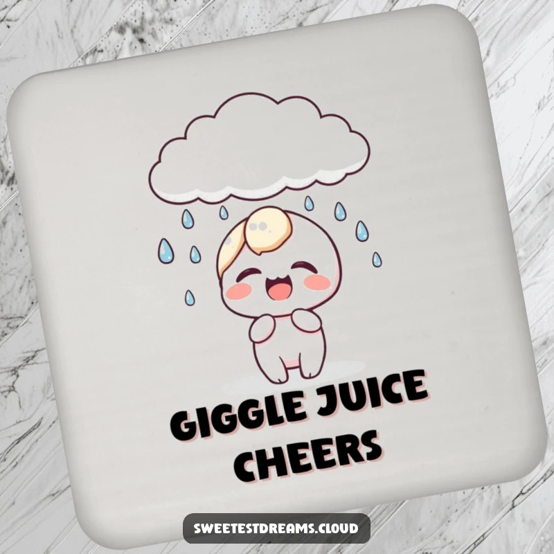 Funny kawaii character coaster showing a cute character giggling as dewdrops fall from a cloud, protecting surfaces.