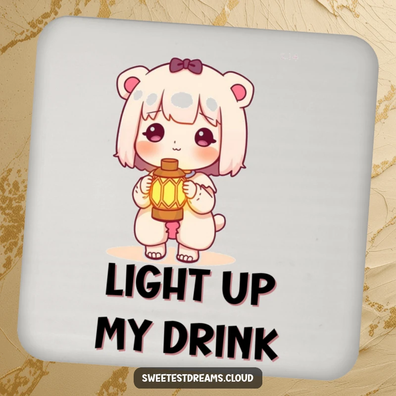 Funny kawaii character coaster featuring a cute character holding a miniature glowing lantern, adding a magical touch to surfaces.
