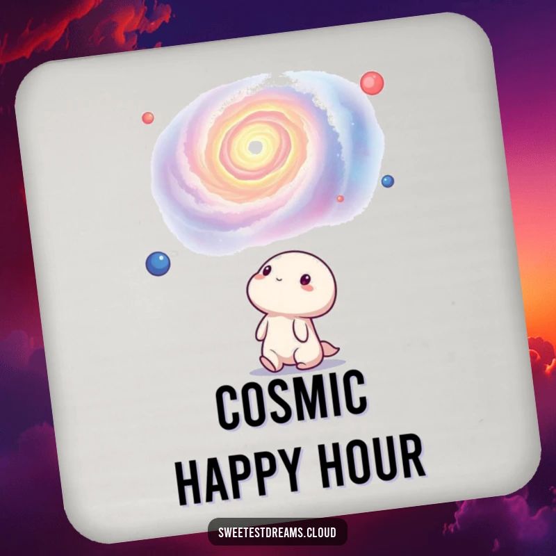 Funny kawaii character holding a drink, looking up at a swirling nebula. This coaster is a humorous cosmic gift.