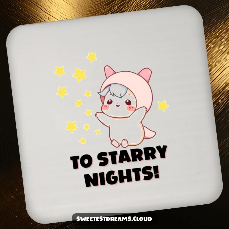 Funny kawaii character drink coaster, playfully tossing stars into the night sky, protects surfaces with humor.