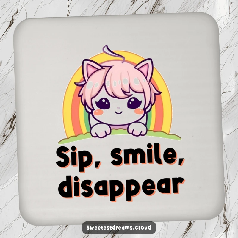 Funny coasters featuring a character peeking from behind a rainbow with a mischievous grin, adding humor to drink surfaces.